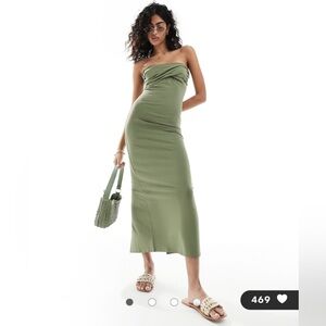 ASOS DESIGN Olive Green Strapless Twist Front Midi Dress Bodycon‎